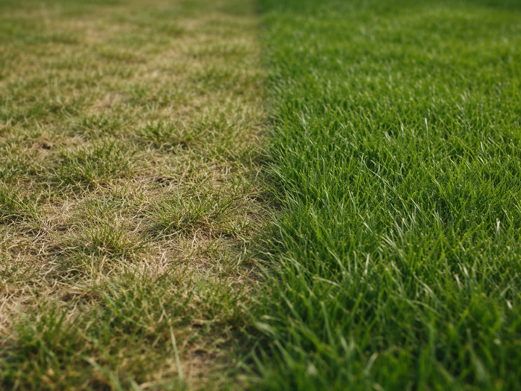 Grasmat met duidelijk verschil: viltlaag en zwakke, bleekgele plekken versus gezond, dichtgroeiend groen gras