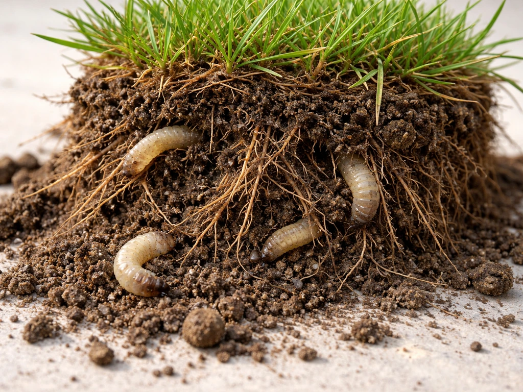 Grond en graswortels met zichtbare emelten, met uitgegraven pluk gras waar wortelschade zichtbaar is.