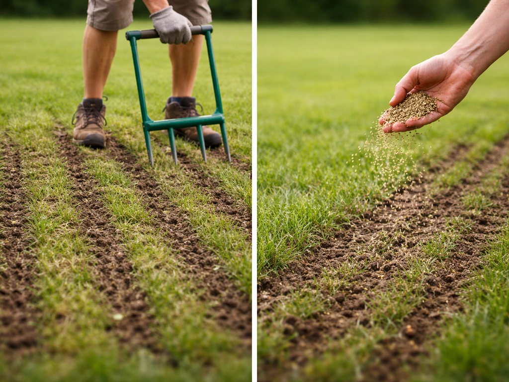 Anonieme tuinier prikt het gazon door en zaait direct opnieuw in om het herstel zichtbaar te maken.