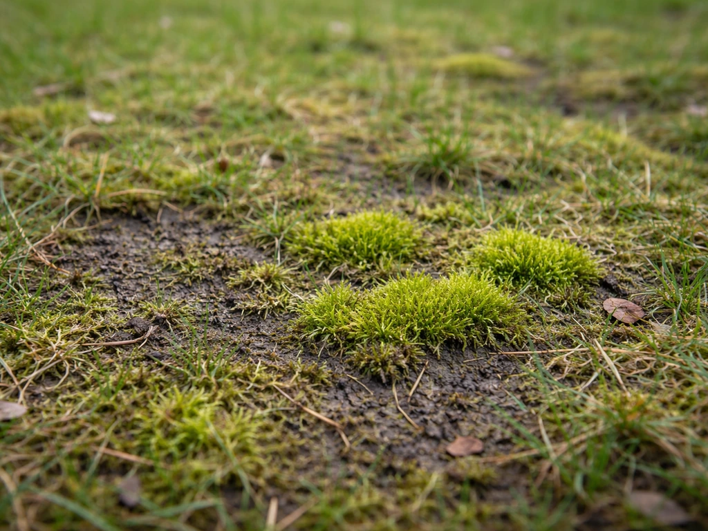 Close-up van mos in een te nat en verdicht stuk gazon, met dun gras en vochtige plekken.