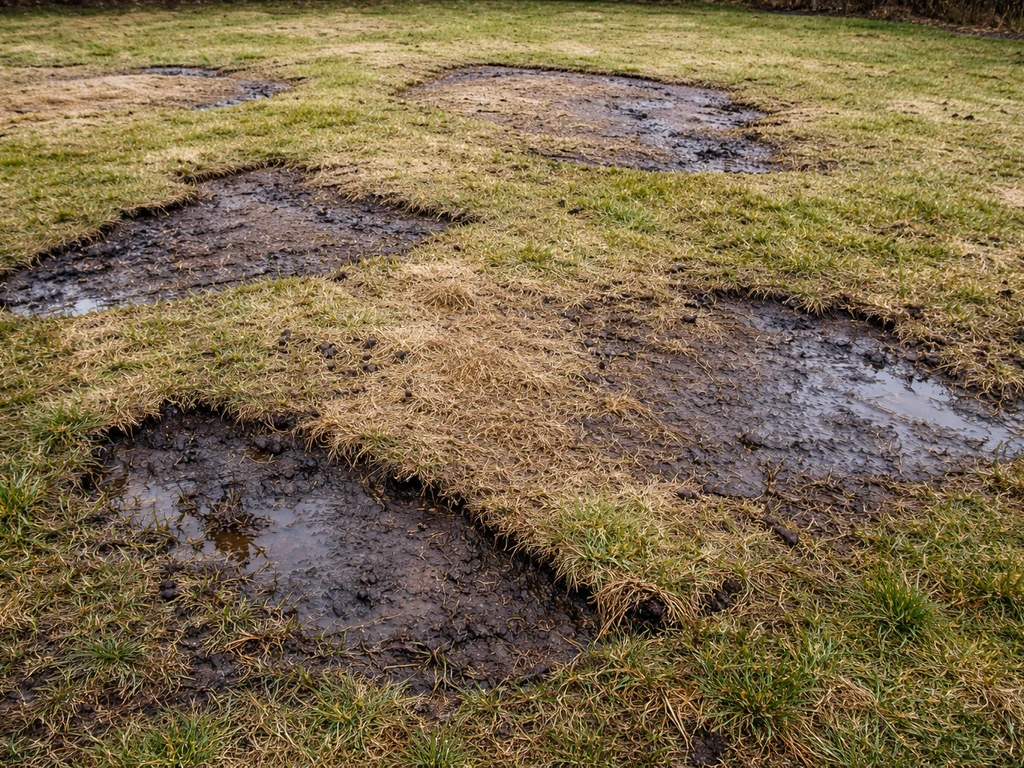 Kale, afstervende grasplekken na winter met modderige, slecht-draineerende grond in een rustige tuin