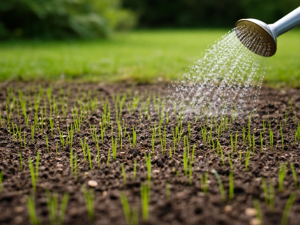Close-up van een vers ingezaaide gazonplek met licht vochtig zaaibed en net opgekomen grassprieten.