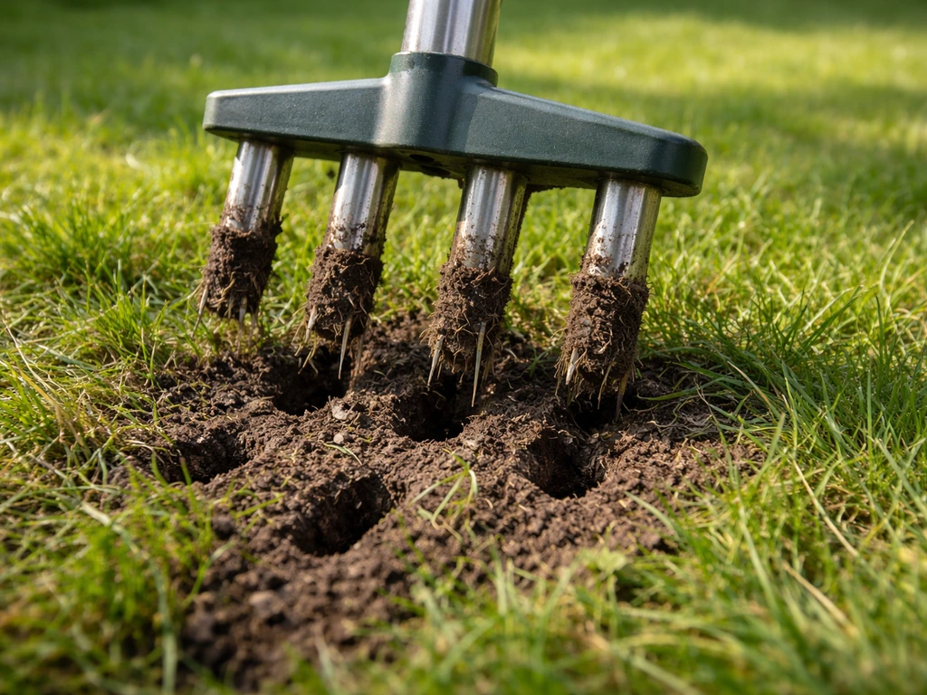 Close-up van een gazonbeluchter die in de grond werkt, met zichtbaar verbeterde doorlaatbaarheid rond de wortelzone.