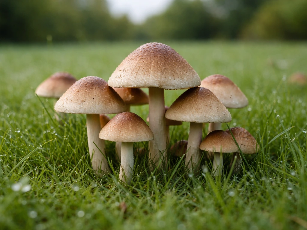 Meerdere paddenstoelen groeien midden in het gras van een Nederlands gazon, scherp en fotorealistisch.