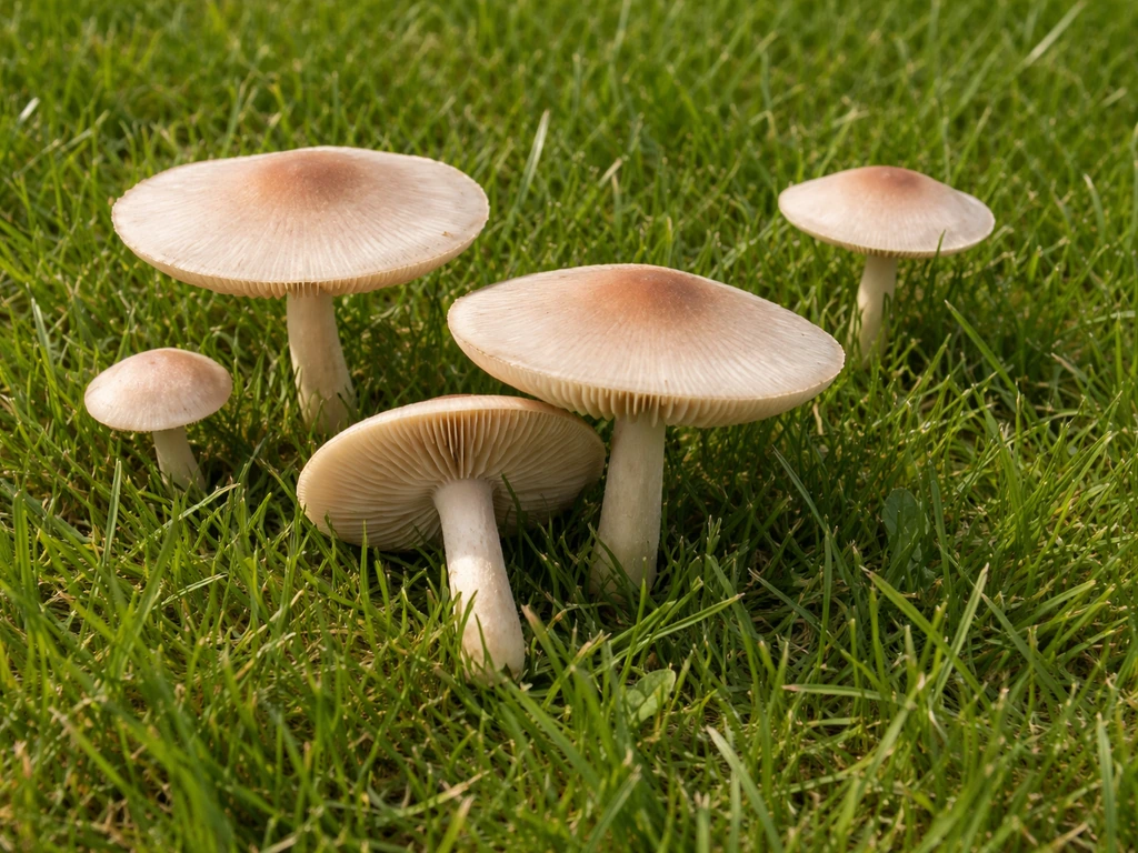 Bovenaanzicht van paddenstoelen in het gazon, met hoed, steel en lamellen goed zichtbaar.