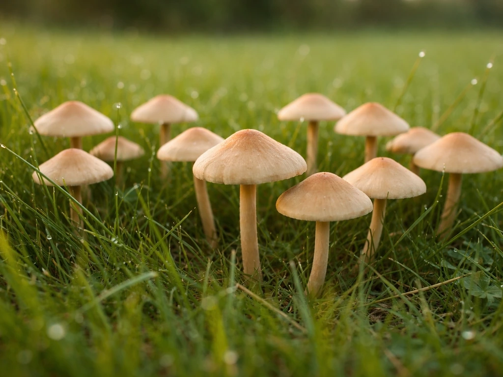 Weidekringzwam in het gras, met lichtbruine hoedjes en herkenbare groeivorm in een vochtige weide