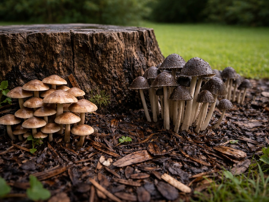 Clusters van hout- en inktzwammen rond een oude boomstronk, dichtbij het gazon in een tuin