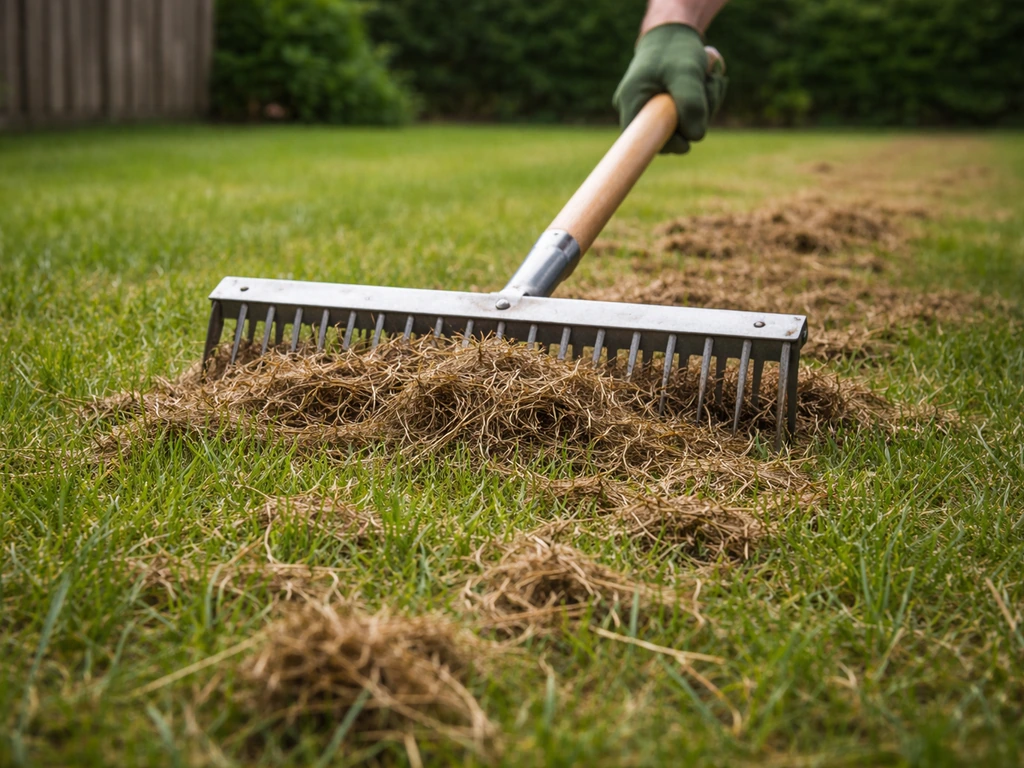Tuinman die een gazon verticuteert met opengevouwen viltlaag op de grond, voorjaar in de achtertuin