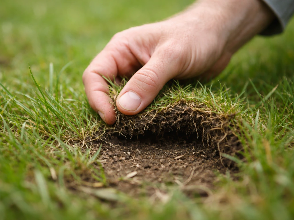 Close-up van iemand die gras inspecteert en voorzichtig een stukje zode optilt om de onderlaag te bekijken.