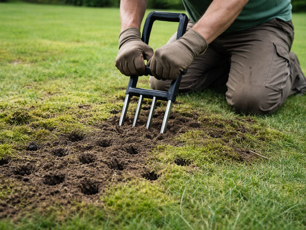 Iemand belucht een gazon bij een mosplek door in de grond te prikken; opengeprikte gaten zichtbaar.