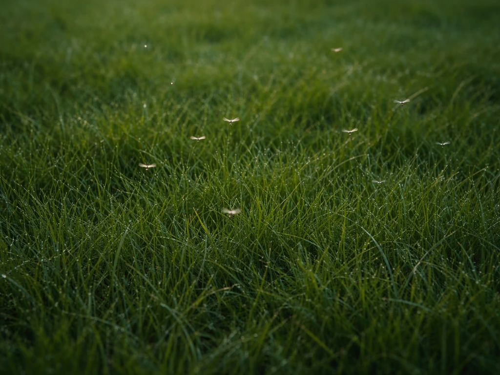 Vroege ochtend gazon van bovenaf met vliegjes die boven het gras zweven en dauw op de grassprieten.
