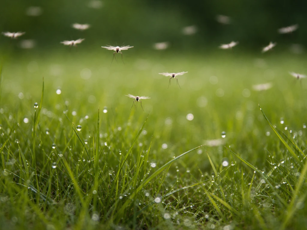 Kleine vliegjes zweven laag en zwermen boven vers gras met dauwdruppels, groene onscherpe achtergrond.