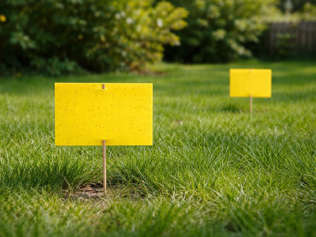 Gele vangplaten hangen 10–15 cm boven het gras in een tuin, met gras er direct onder.