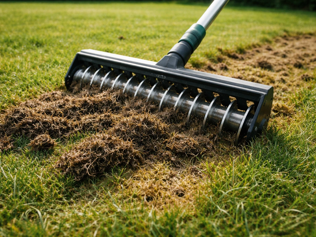 Close-up van verticuteren: viltlaag komt los uit het gazon en maakt de graszode zichtbaar frisser.