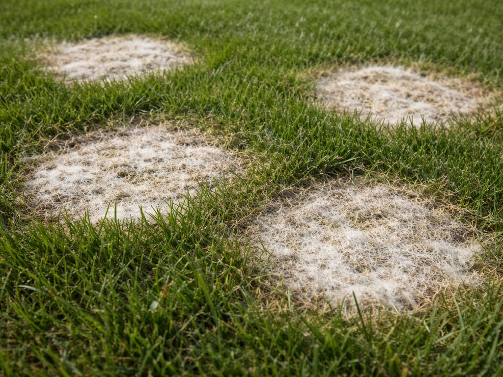 Close-up van schimmelplekken in een Nederlands gazon met viltige, doffe vlekken naast gezond groen gras.