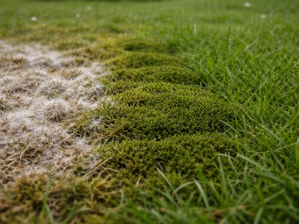 Close-up van gazon met duidelijke viltige schimmelplek naast donkergroene mosmat en normaal groen gras.