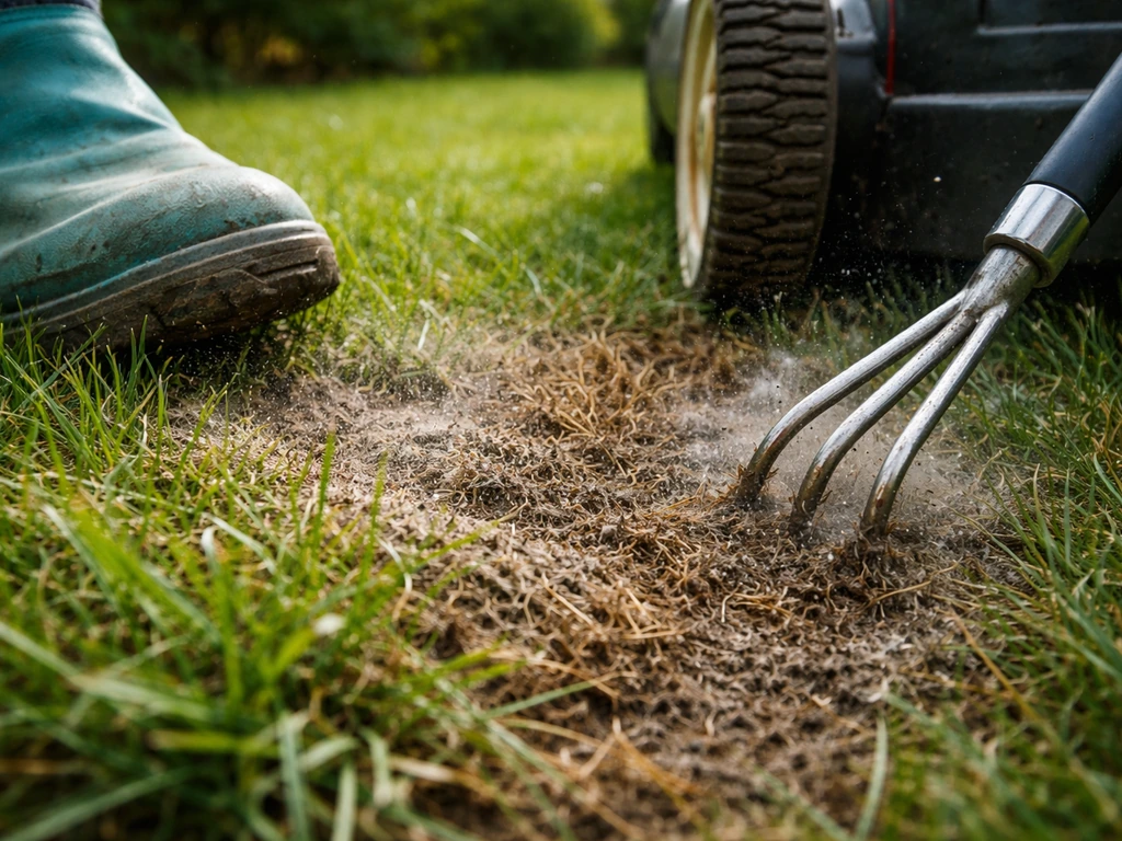Aangetaste grasstrook in een tuin met contact van schoenzool, grasmaaierwiel en tuingereedschap aan de rand.