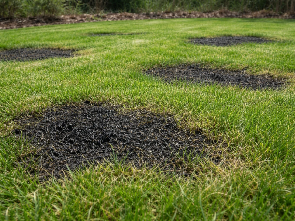 Overzichtsfoto van een Nederlands gazon met duidelijke zwarte plekken in het gras, zichtbaar als donkere vlekken.