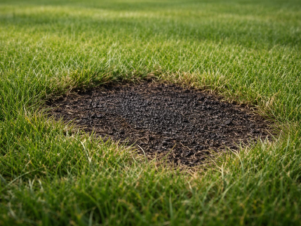 Close-up van een zwarte, verkleurde plek in het gras met duidelijk verschil in structuur.