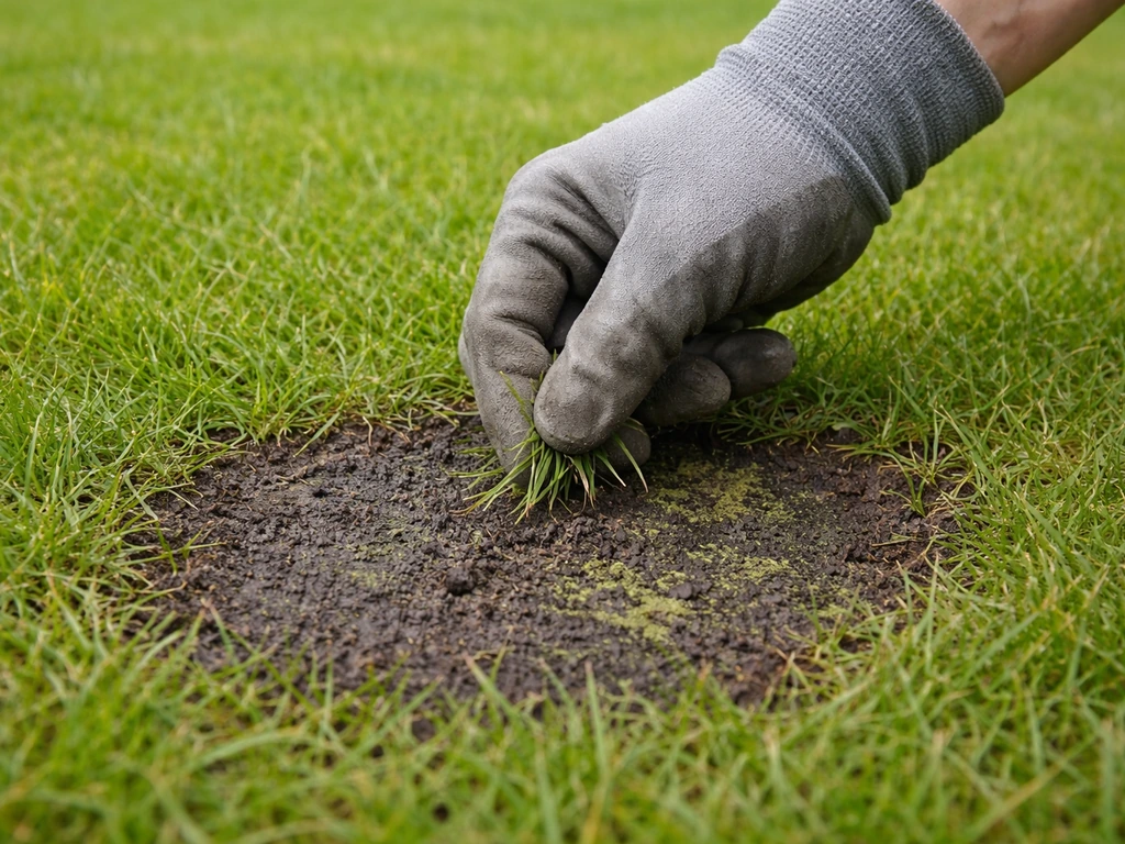 Persoon met handschoen trekt grassprietjes uit een donkere vlek in het gazon; schimmel-/mosgebied zichtbaar