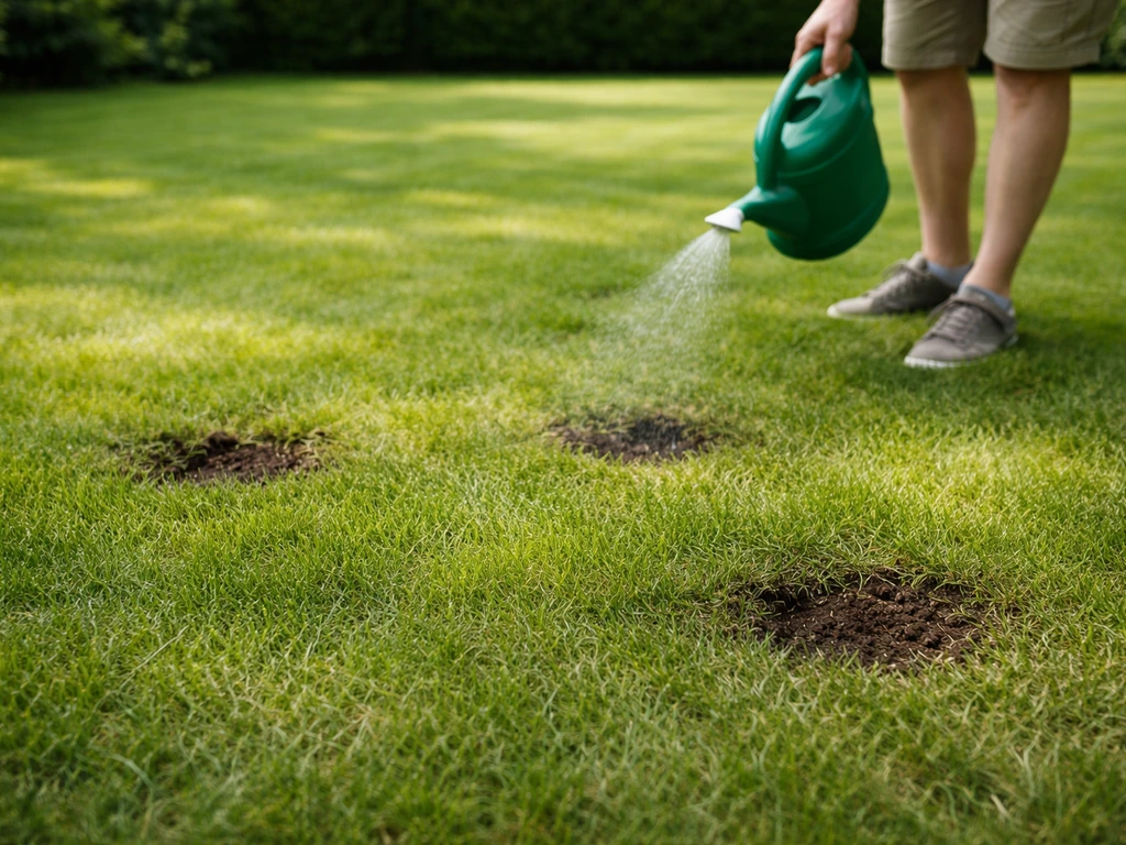 Gazon met kleine gaatjes en een anonieme tuinier die parasitaire aaltjes toepast met een gieter.