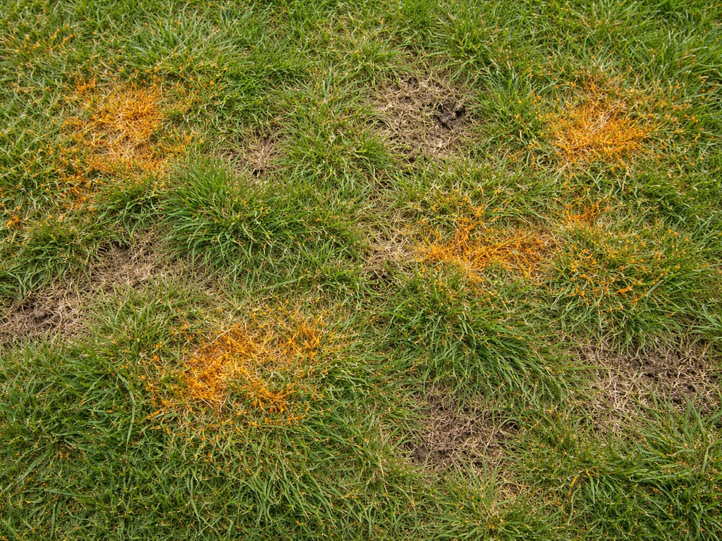 Bovenaanzicht van een gazon met oranje stof op het gras en enkele kale plekken.