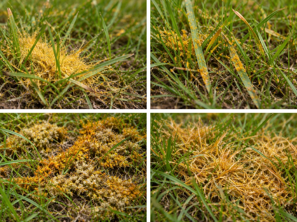 Collage van dichtbij van gras met oranje pollen, roestvlekken en vlokkerig mos/plantresten, in 4 vakken.