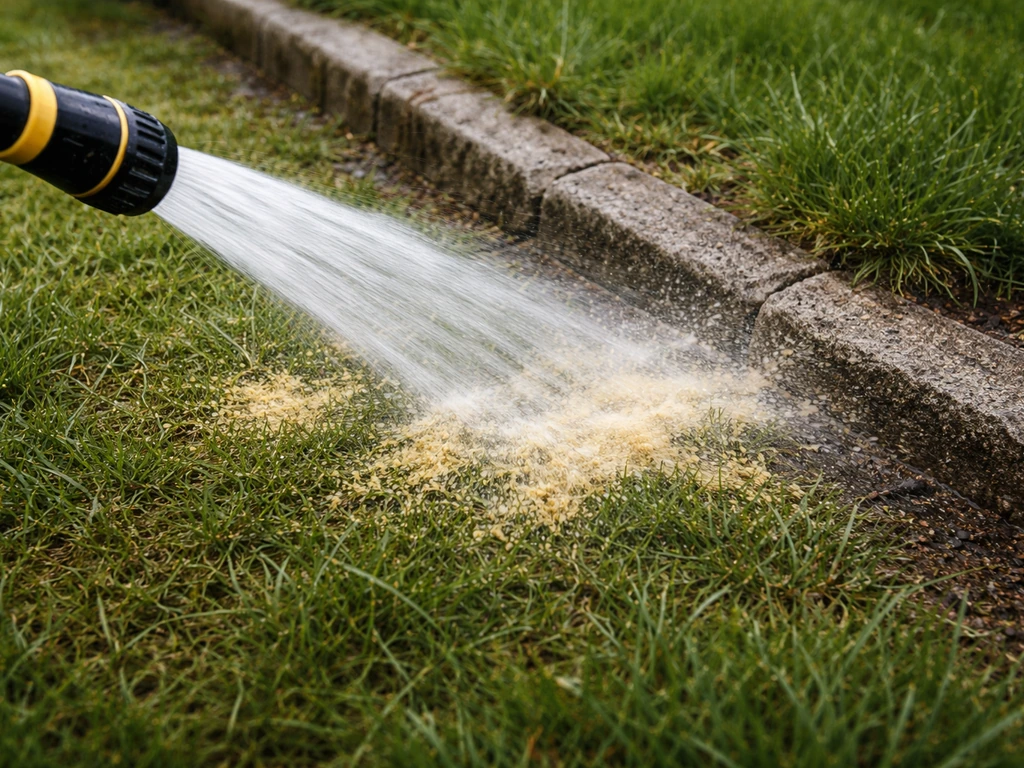Waterstraal van tuinslang die los poeder van de gazonrand wegspoelt, gras blijft grotendeels groen.