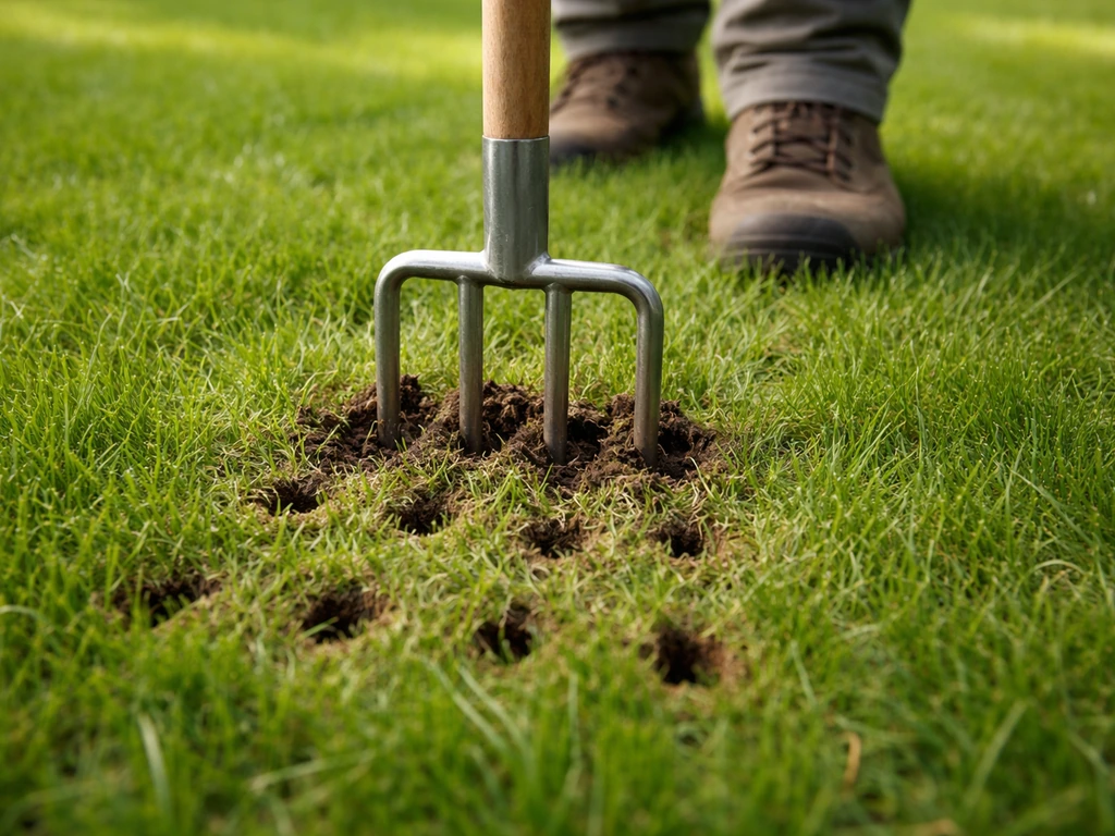 Close-up van aerificeren in een gazon met een prikvork/aeratietool, met zichtbare beluchtingsgaten tussen het gras.