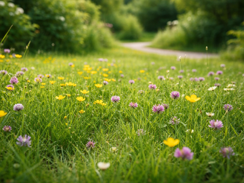 Bloemrijk grasveld met gele en roze veldbloemen, duidelijke grasmat in een Nederlandse tuin in daglicht.
