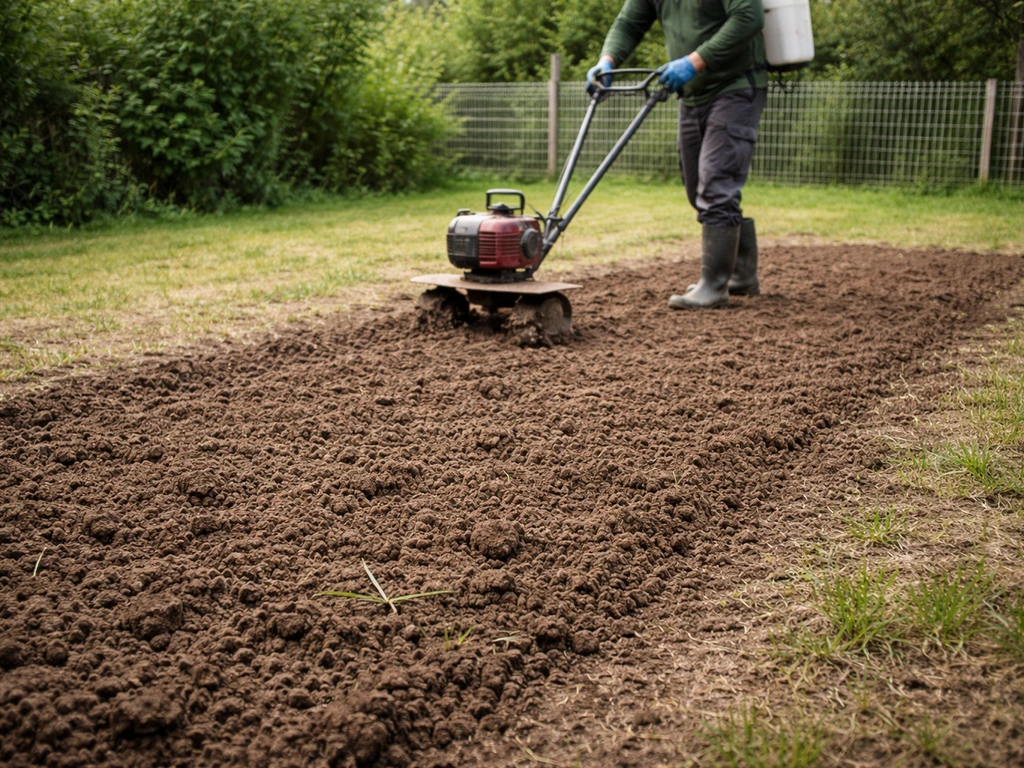 Anonieme tuinier die met een tuinfrees het zaaibed maakt; net losgemaakte aarde in een rustige tuin.