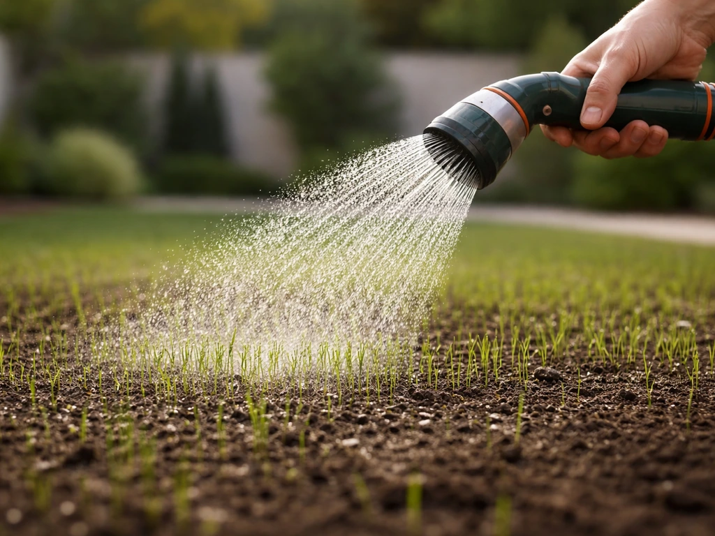 Hand geeft met fijne nevel water aan jonge graszaailingen op een net ingezaaid gazon.