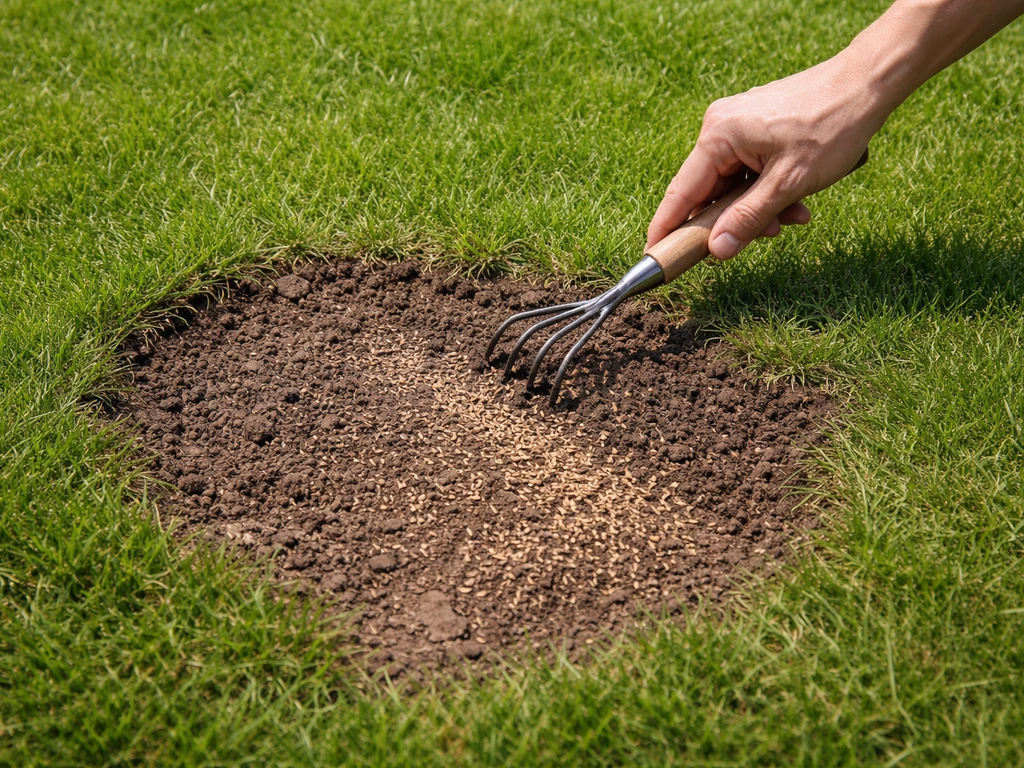 Kale plek in het gazon met losgemaakte grond en graszaadjes, licht inge harkt door één hand.