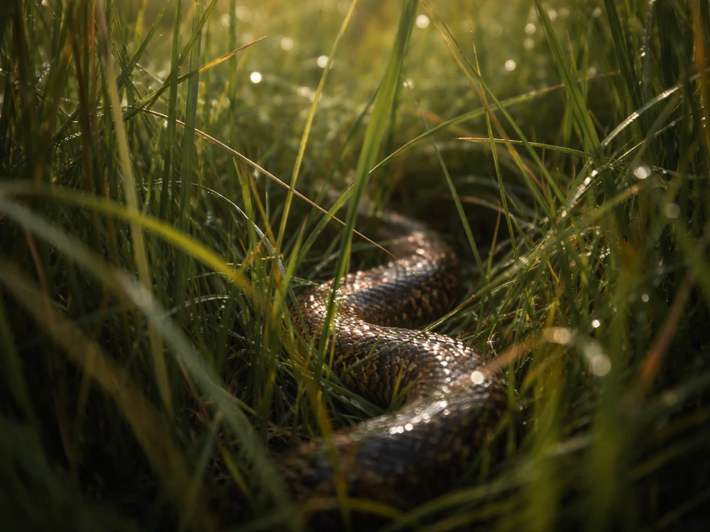 Verborgen adder in hoog gras, slechts een deel zichtbaar met subtiele dreiging, in natuurlijk licht.