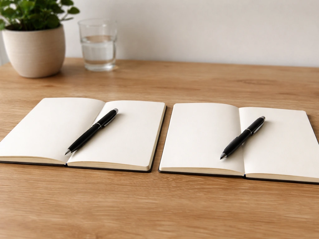 Minimalistische tafelopstelling met twee lege notitieblokken en een pen, symbool voor Nederlandse en Engelse voorbeeldzi