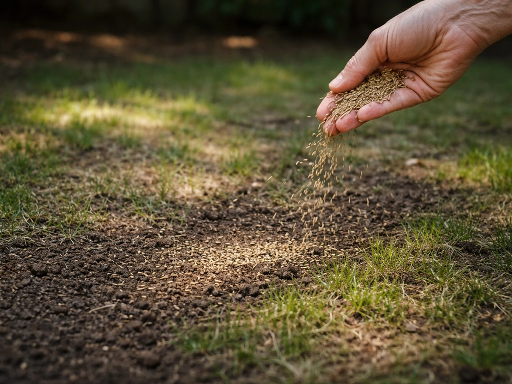 Close-up van het afstrooien van graszaad op een dunne schaduwplek met jonge kiemen als herstelresultaat