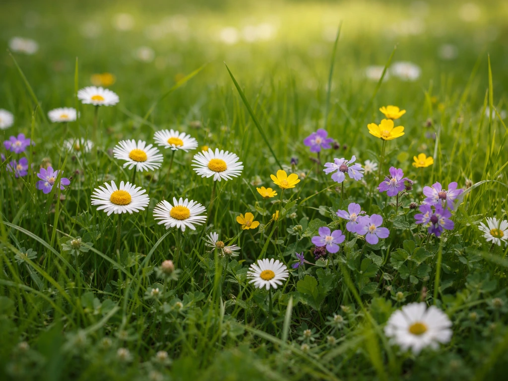 Wilde bloemen in het gras met meerdere bloessoorten tussen groen gazon, zacht zonlicht en natuurlijke bokeh.