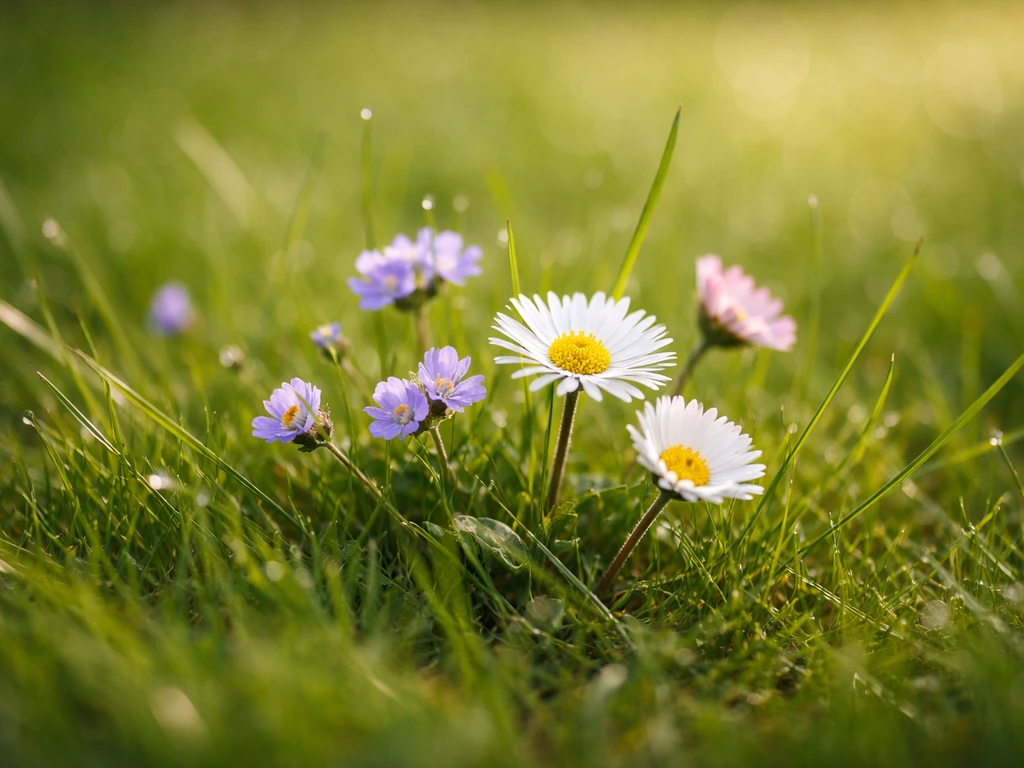 Close-up van paarse en witte wilde bloemen die tussen het gras opkomen in het Nederlandse voorjaar.