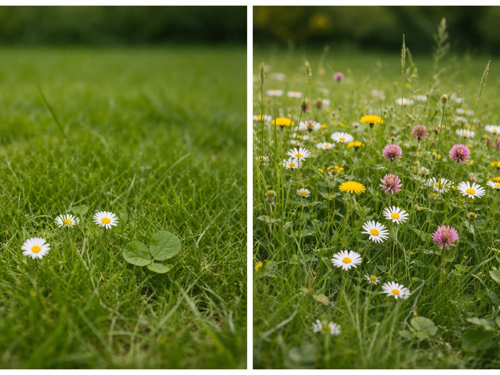 Link enkele wilde bloemen in gezond gras, rechts overwoekerende bloemen in het gazon die het gras verdringen.