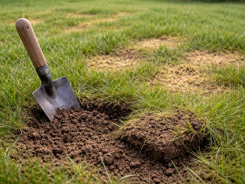 Nederlands gazon met gele verdunning en een gazonschop met uitgegraven grondkluit naast het gras.
