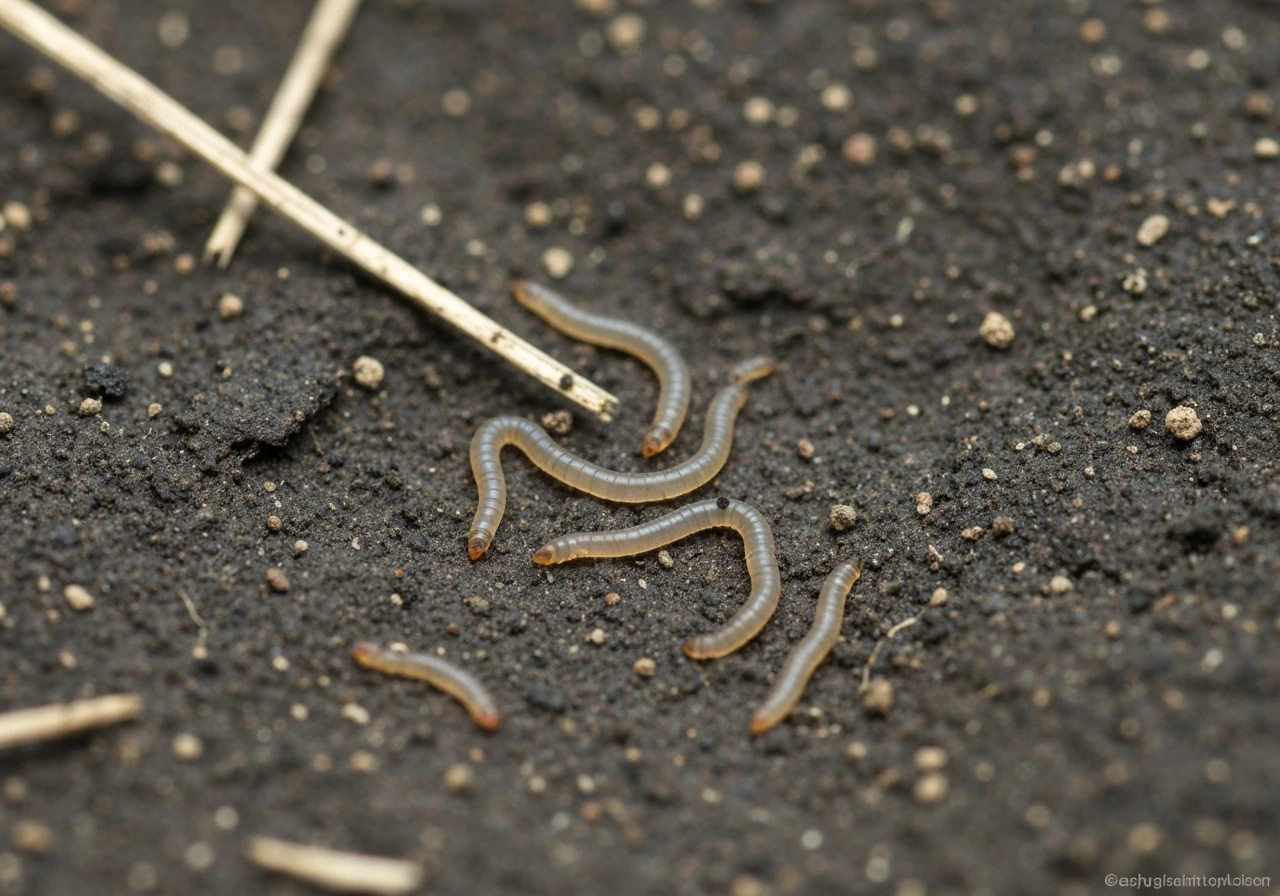 Macro close-up van vochtige tuinaarde met graswortels en microscopische aaltjes (nematoden) rond de wortelzone.