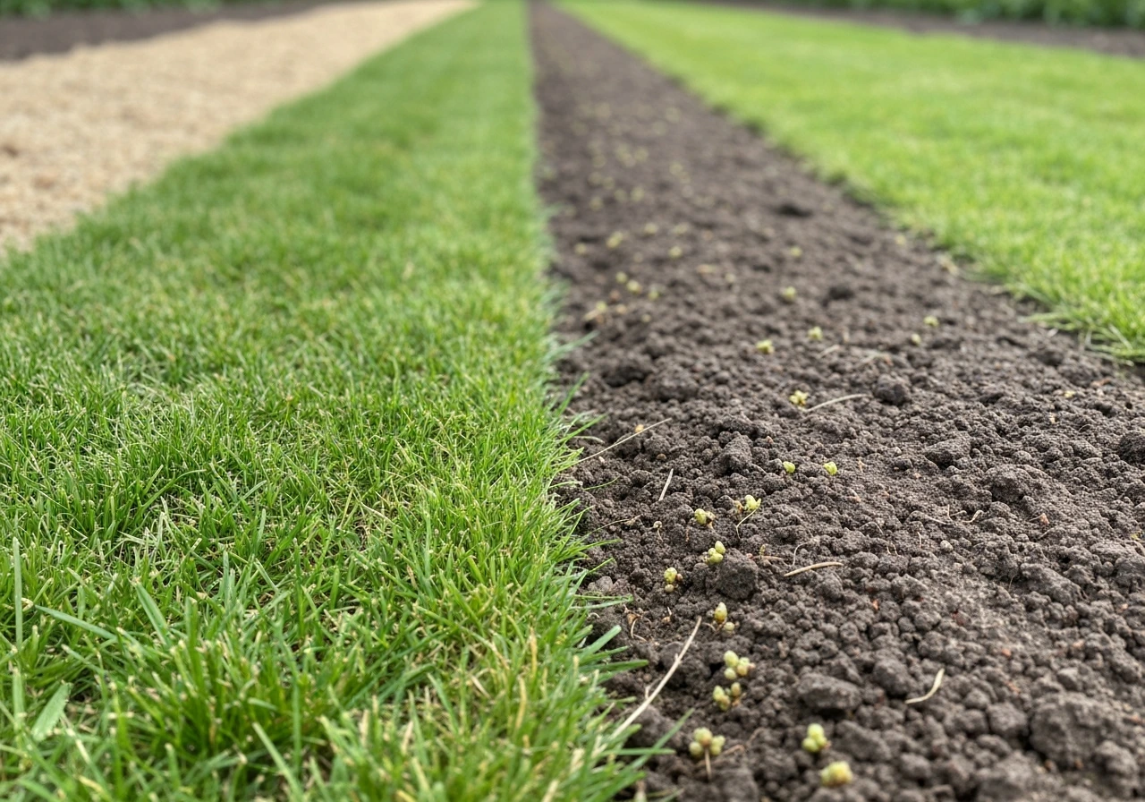 Dichte, eentonige grasmat met droge plekken naast een smallere strook gezondere, rijkere bodem en sprieten.