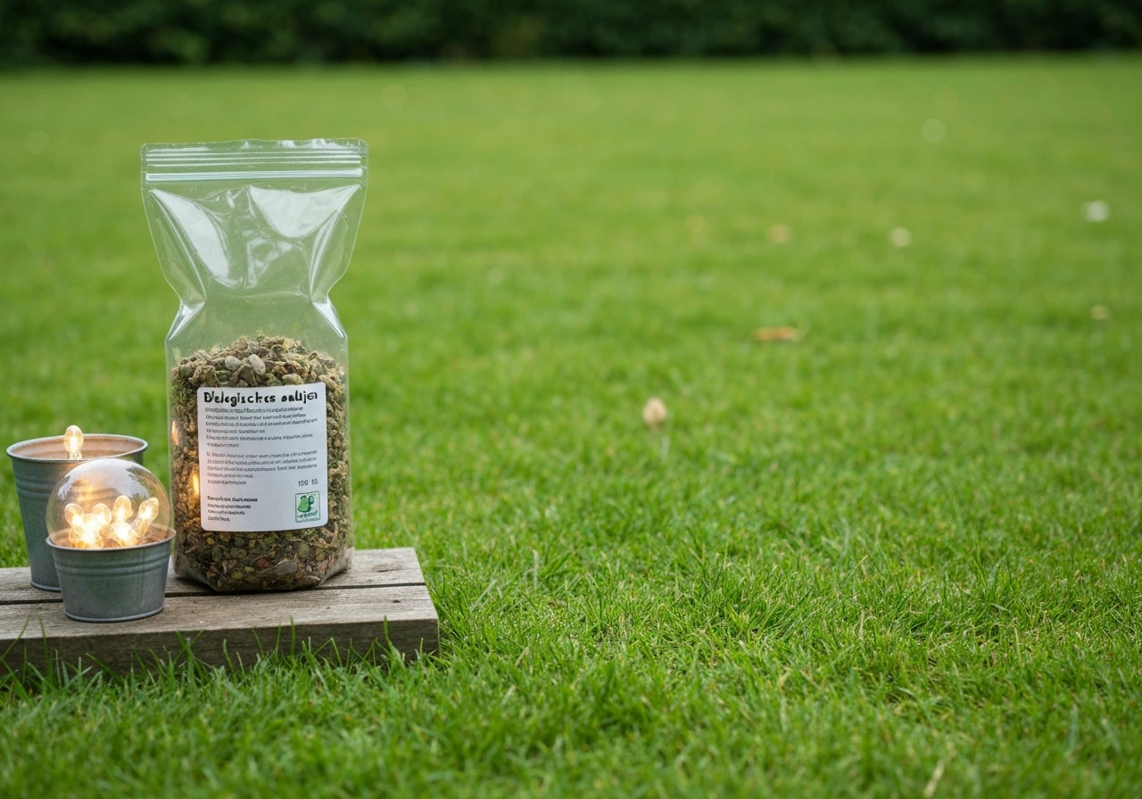 Fles met biologische winkelaaltjes naast een hersteld grasveld na bodembehandeling, in natuurlijke tuinsetting.