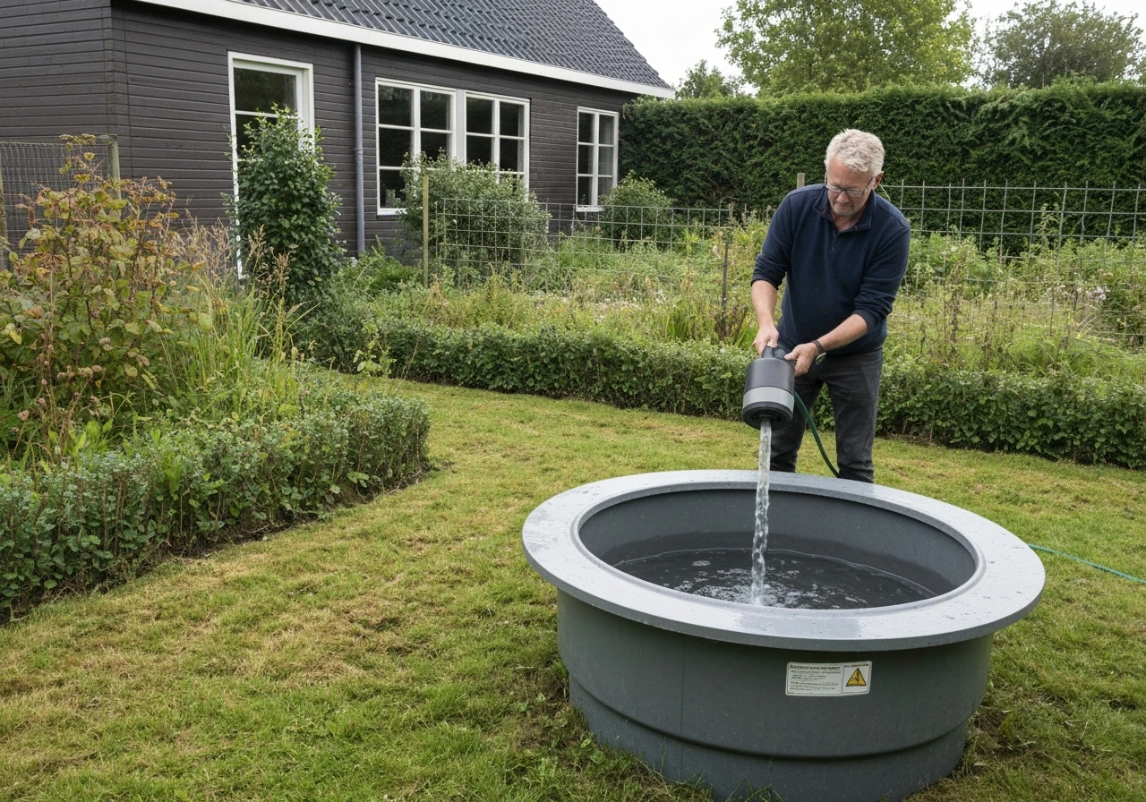 Tuinman met hollow-tine gazonbeluchter maakt beluchtingsgaten in een beschadigd gazon