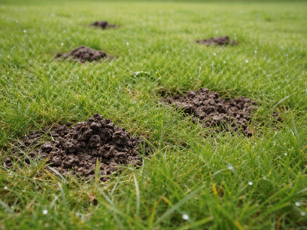 Nat gazon met kleine wormhoopjes en lichte omwoeling na regen, duidelijk herkenbaar probleemplekken.