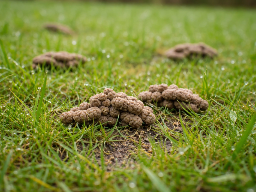 Macro close-up van wormhoopjes op een groen gazon, met zichtbare aarde-kluitjes tussen het gras.