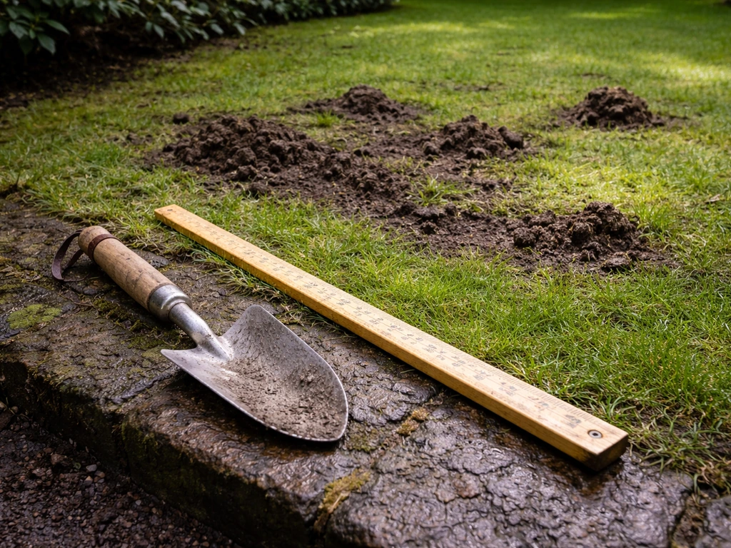 Tuinschep en meetlat naast een natte plek in het gazon waar activiteit zichtbaar is, buiten in daglicht.
