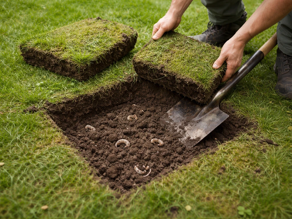 Tuinier stalt een 30x30 cm spadetestvakje in het gazon uit, aarde zichtbaar met wormen/larven om te controleren.
