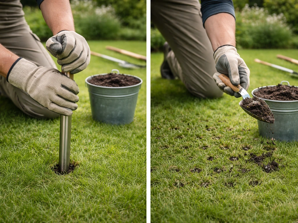 Hand prikt met holle pen in een gazon, daarna topdressing/compost aanbrengen met tuingereedschap.