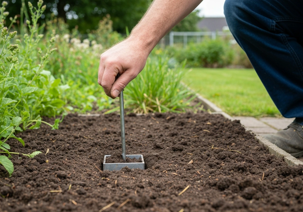 Tuinier steekt een schroevendraaier in de grond om te voelen hoe compact en vochtig de bodem is.